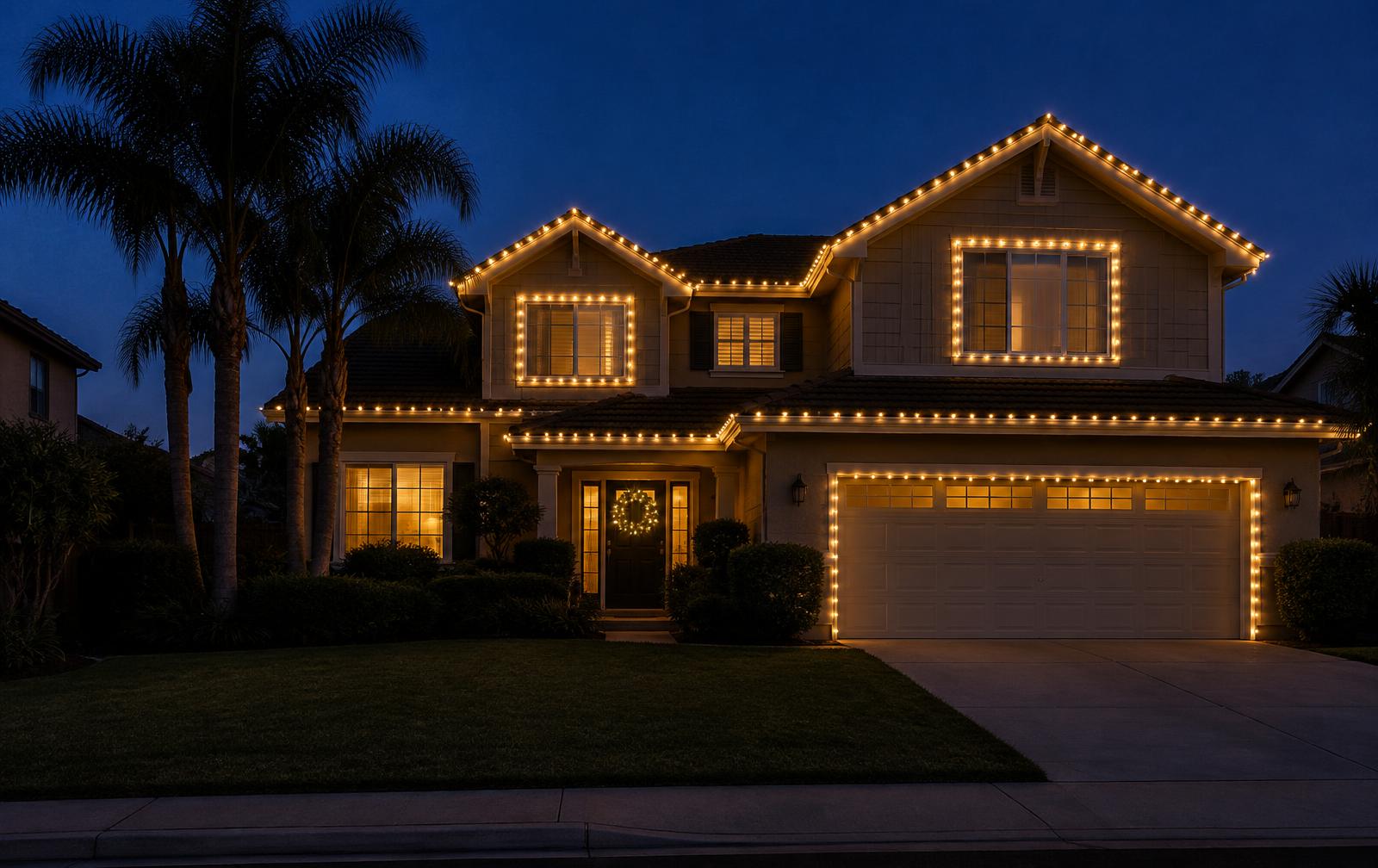 Two-story home with warm-white roofline, window and garage lights