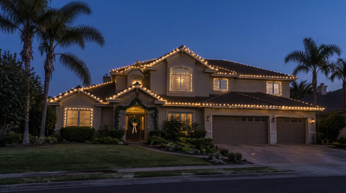 Southern California home at dusk with warm-white Christmas lights, illustrative